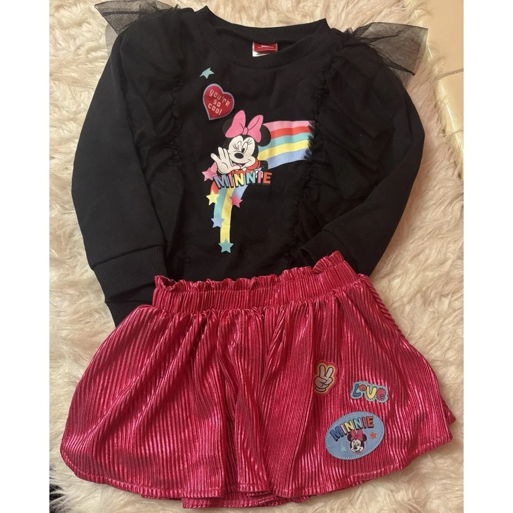 Minnie Mouse Set 3T Girl Toddler Outfit Disney Jr Black Top Metallic Pink Skirt